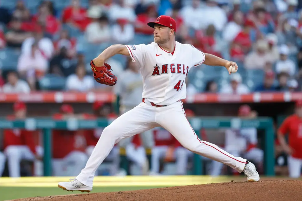 Angels starting pitcher Reid Detmers throws during the second inning...