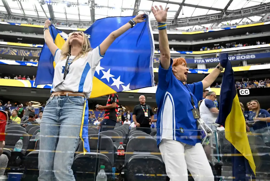 Bosnia-Herzegovina fans cheer during pregame activities prior to playing Switzerland...