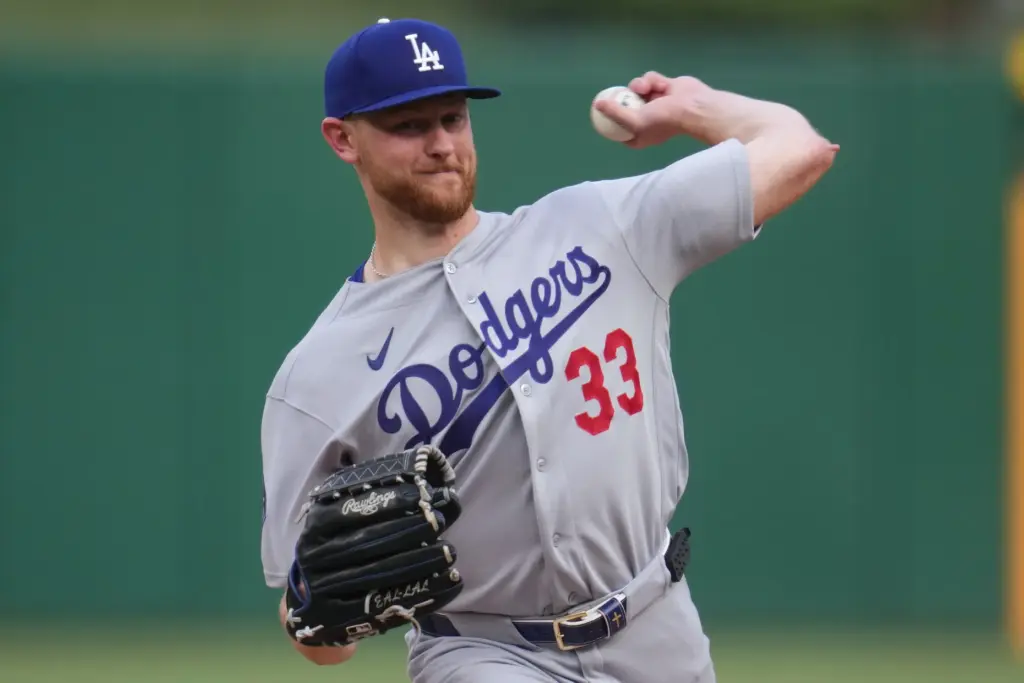 Dodgers starting pitcher Eric Lauer throws to the plate during...