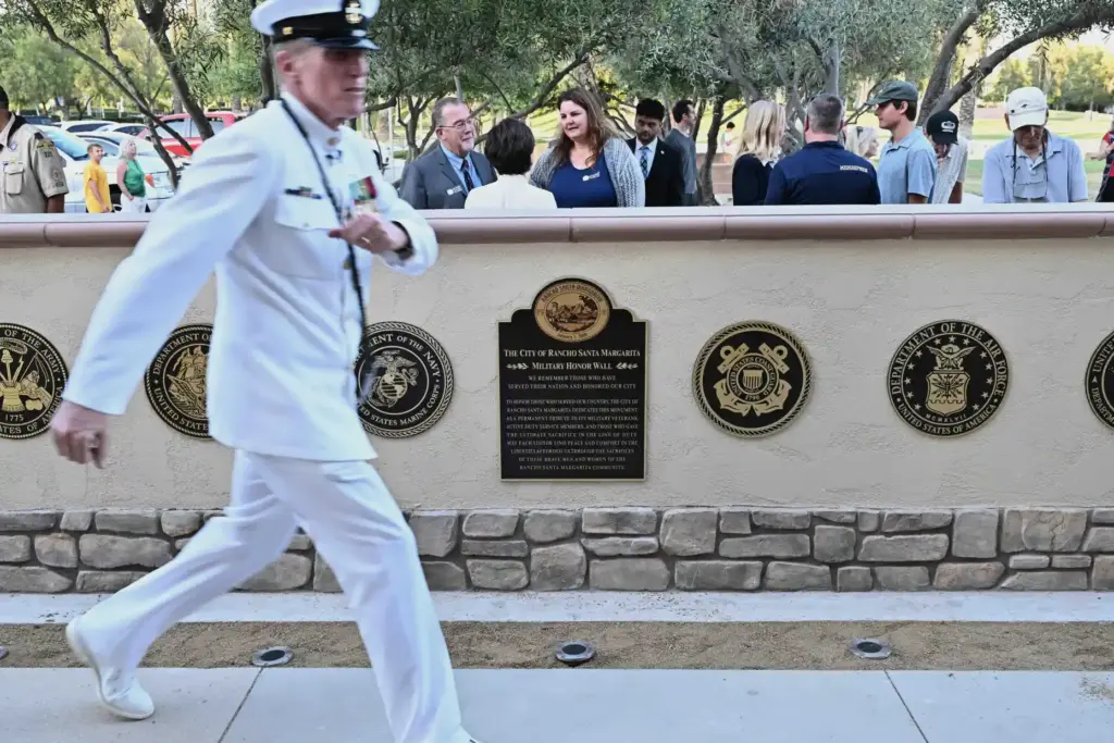 People view a new veterans monument in Rancho Santa Margarita,...