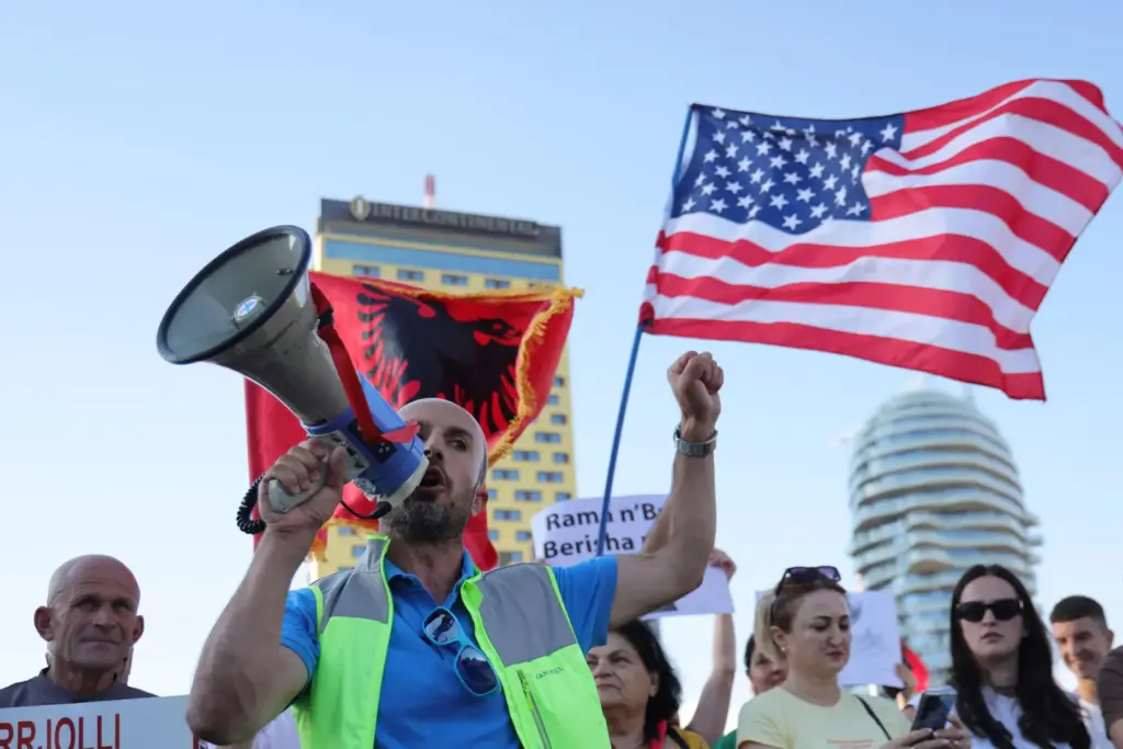 Protesters take part in a rally in Tirana, Albania, Tuesday,...