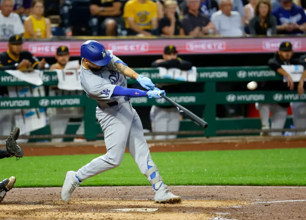The Dodgers’ Andy Pages hits a two-run home run during...