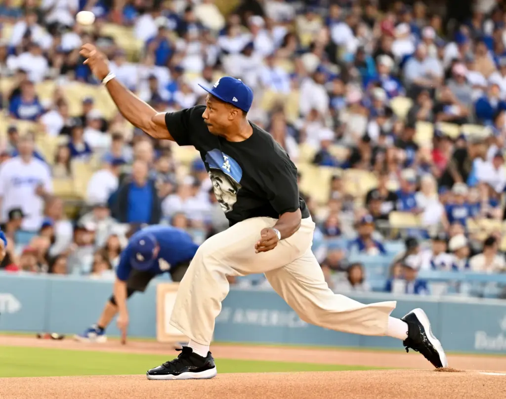 Los Angeles Rams Myles Garrett throw out the ceremonial pitch...