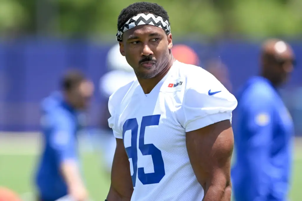 Newly acquired Rams defensive lineman Myles Garrett looks on during...