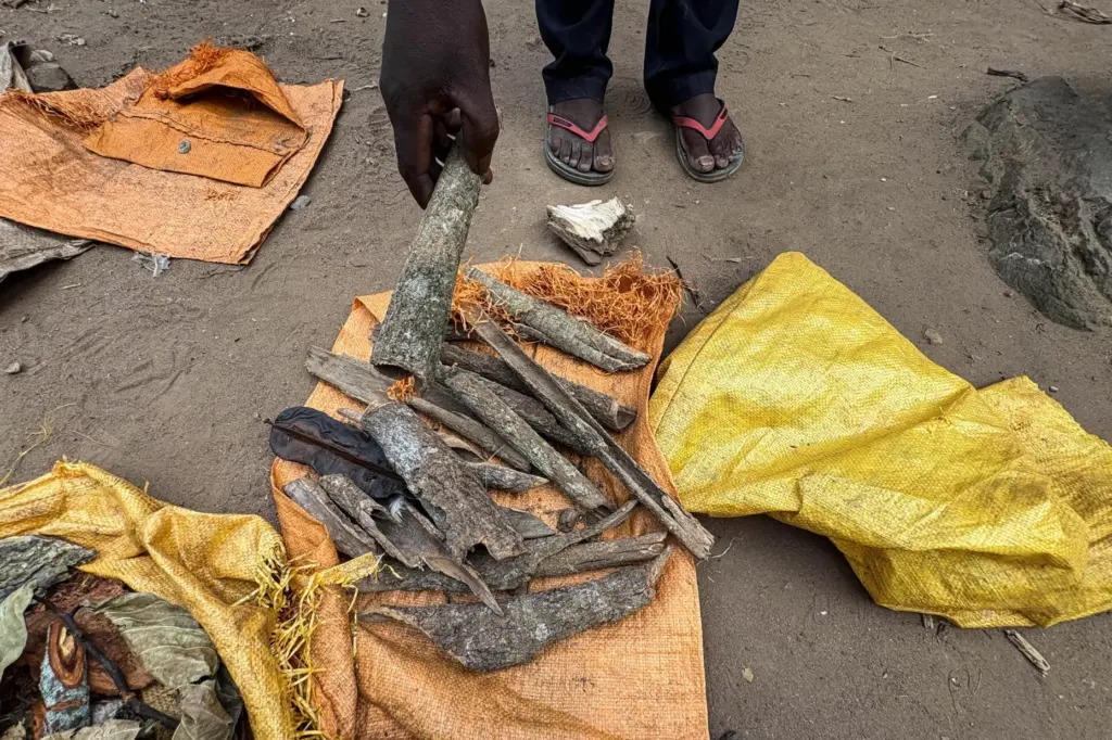 A traditional healer displays herbal medicines used for healing in Kikyo Trading village.