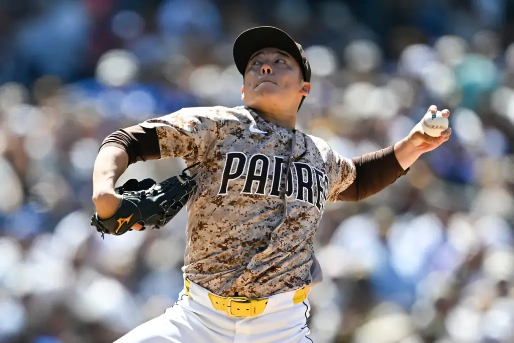 San Diego Padres pitcher Yuki Matsui delivers during the fifth...