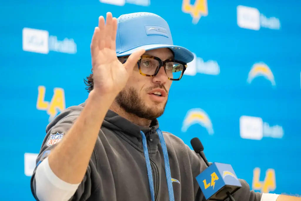 Chargers offensive coordinator Mike McDaniel speaks to the media during...