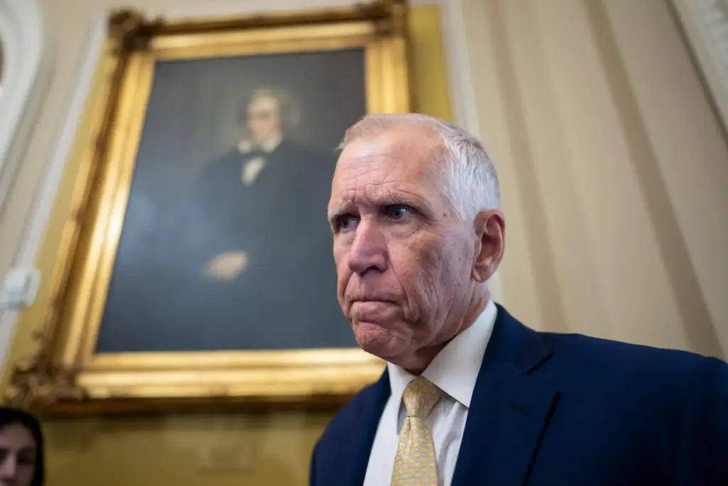 Sen. Thom Tillis, R-N.C., speaks with reporters before a Republican...