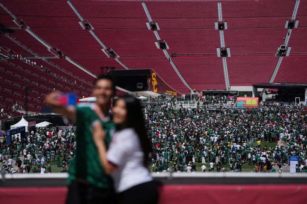 Fans gather at a fan festival at the Los Angeles...