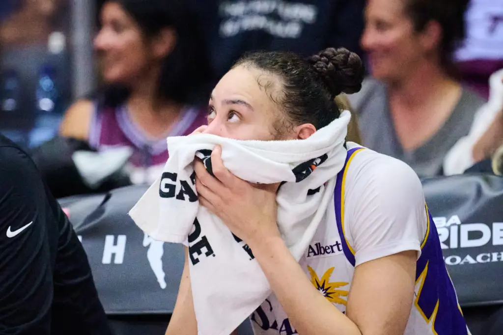 Sparks forward Dearica Hamby looks at the scoreboard during the...