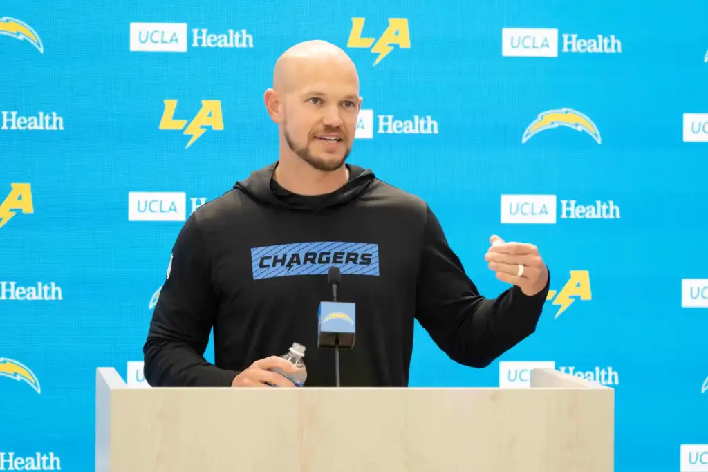 Chargers defensive coordinator Chris OâLeary takes questions during a press...