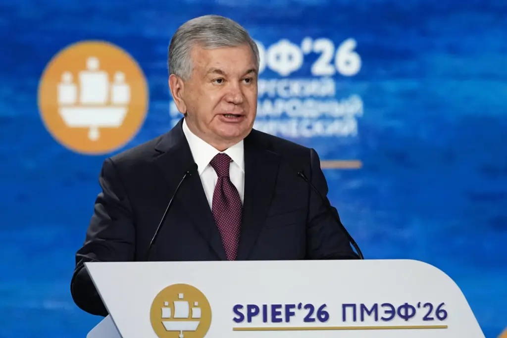 Uzbekistan's President Shavkat Mirziyoyev addresses a plenary session.