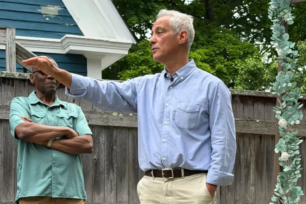 Rahm Emanuel speaks at a house party in Concord, New Hampshire.