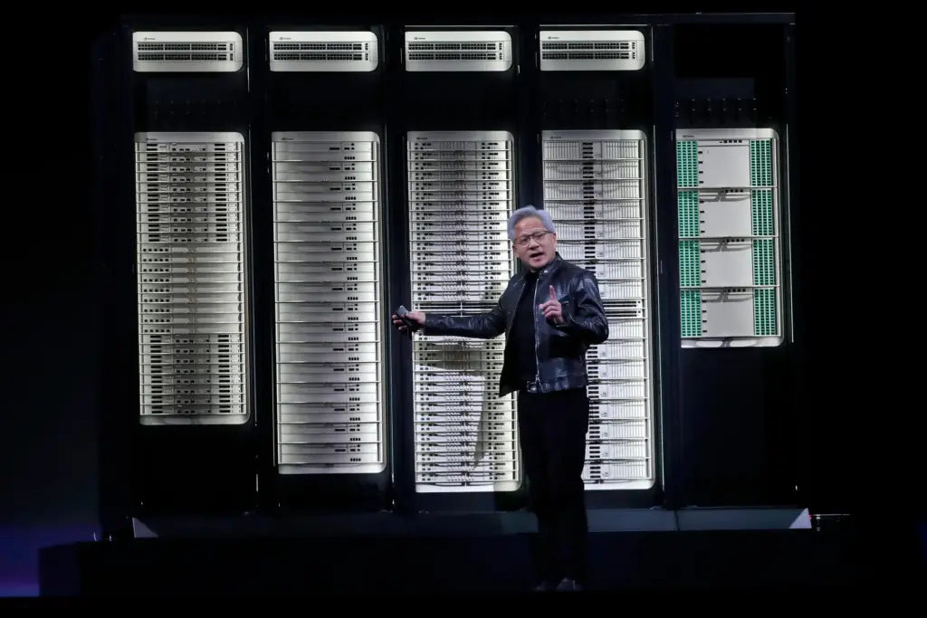 Nvidia CEO Jensen Huang delivers a speech during the Computex 2026 exhibition.
