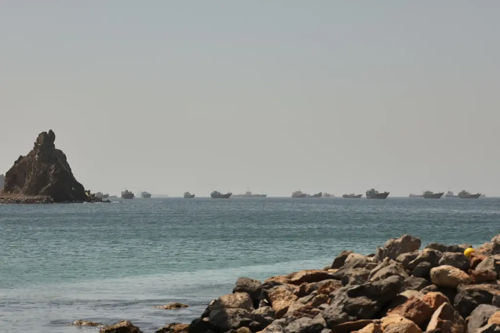 Tankers and cargo vessels are seen in the Gulf of Oman.