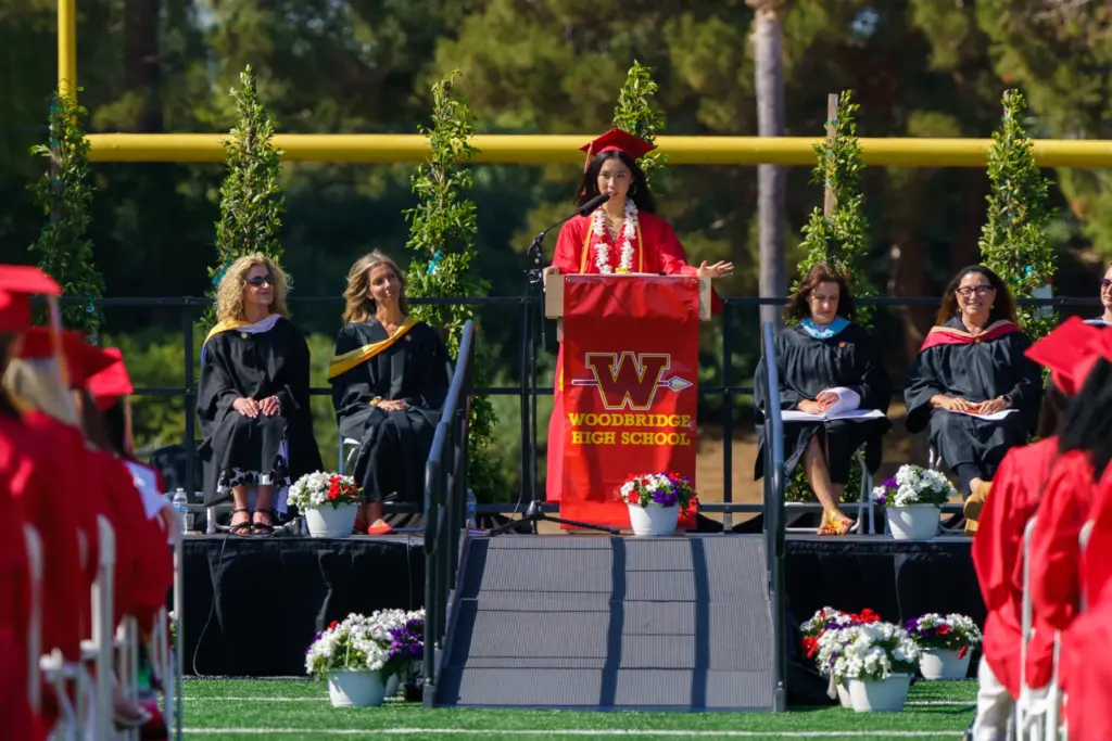 Chelsea Wang, the senior class president, speaks during Woodbridge High...