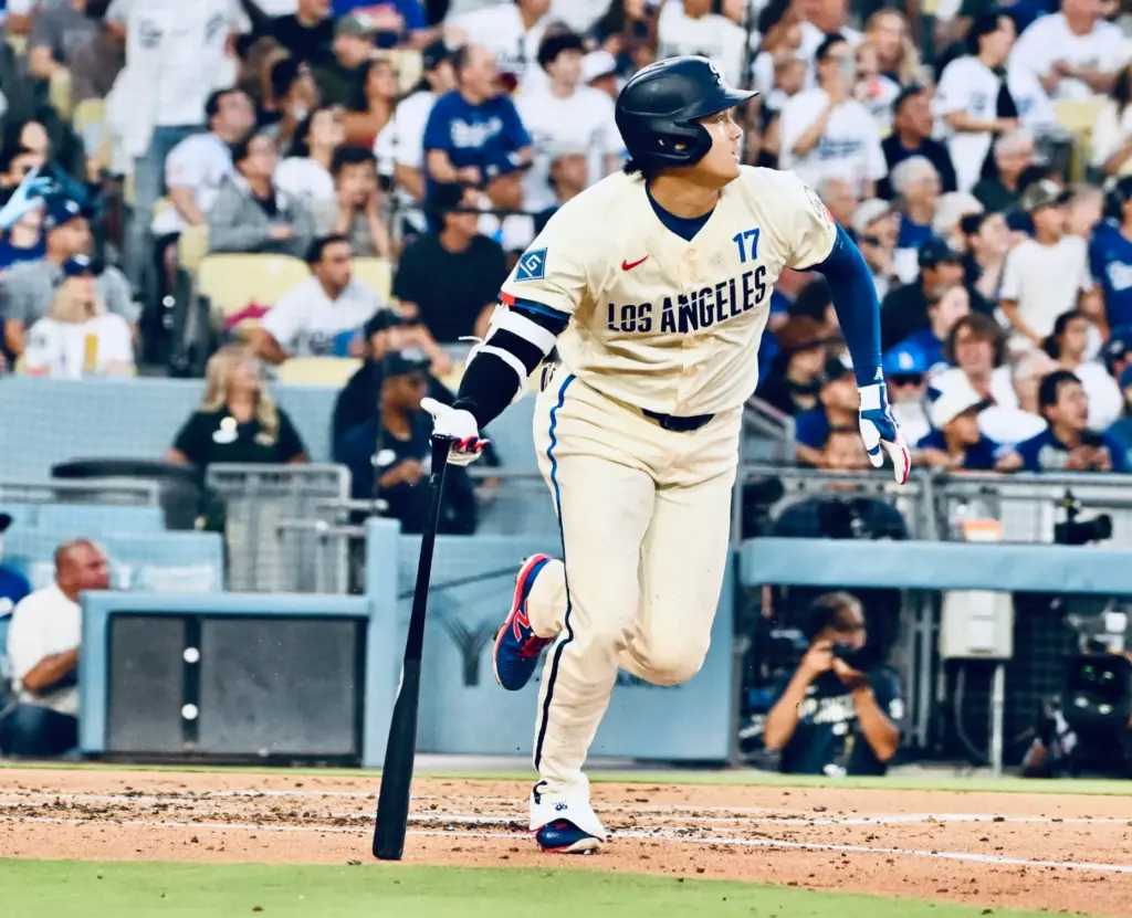 Shohei Ohtani #17 of the Dodgers hits a two run...