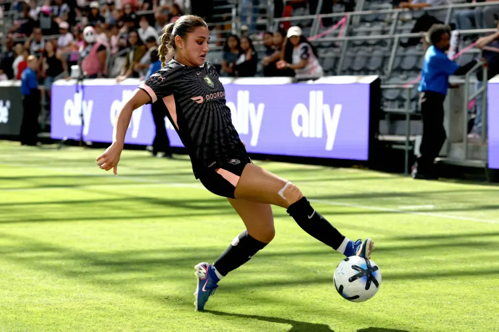 Angel City FC defender Gisele Thompson recovers the ball against...