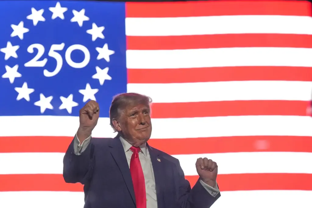 President Donald Trump wraps up his speech at the opening...