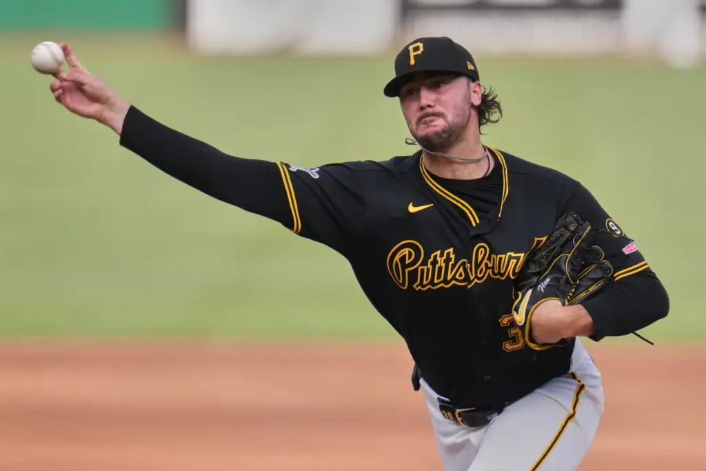Pittsburgh Pirates starting pitcher Paul Skenes throws to the plate...