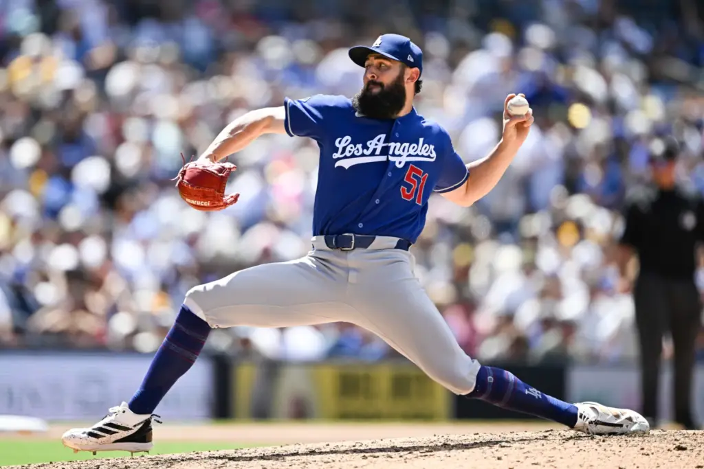 Dodgers pitcher Alex Vesia delivers during the sixth inning of...