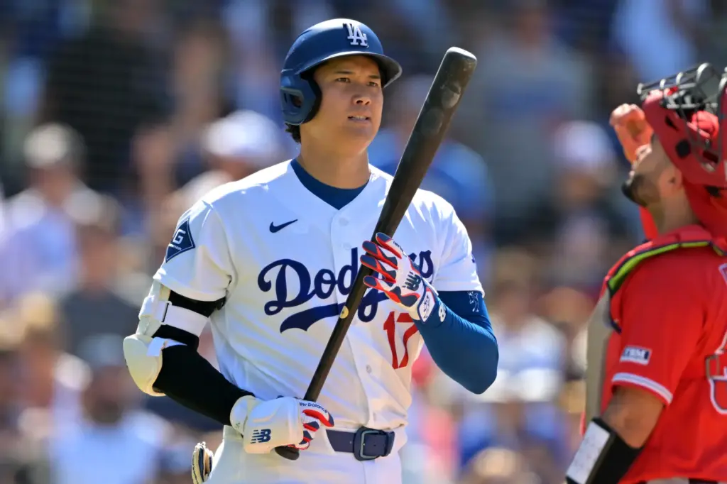Dodgers’ Shohei Ohtani takes an at-bat in the seventh inning...