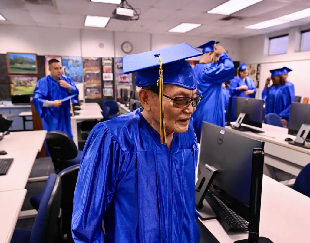Soo Hak Kwon, 91,waits will fellow students prior to his...