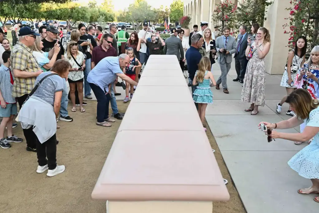 People view a new veterans monument in Rancho Santa Margarita,...