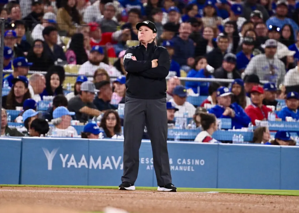 Third base umpire Jen Pawol in the sixth inning of...