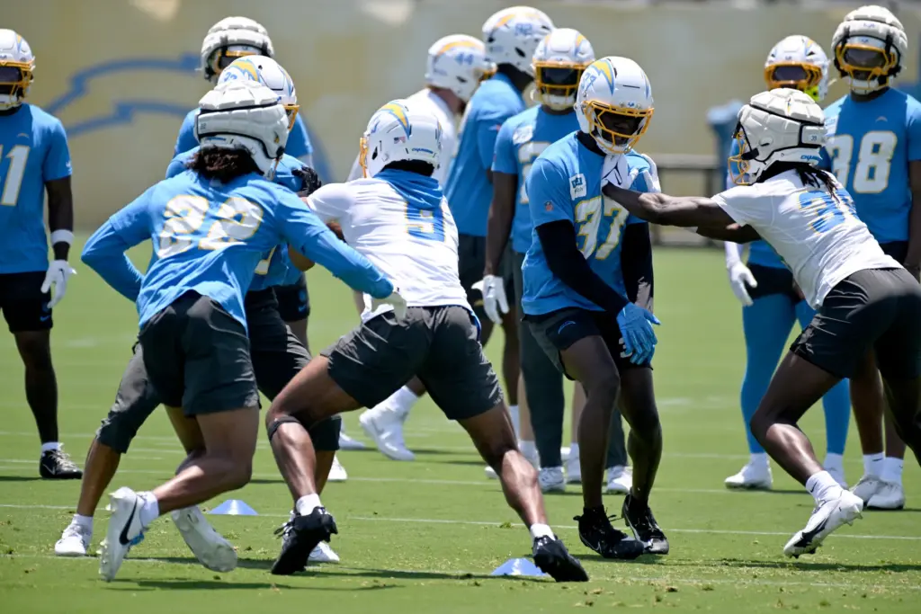 The Chargers go through drills during an OTA practice on...