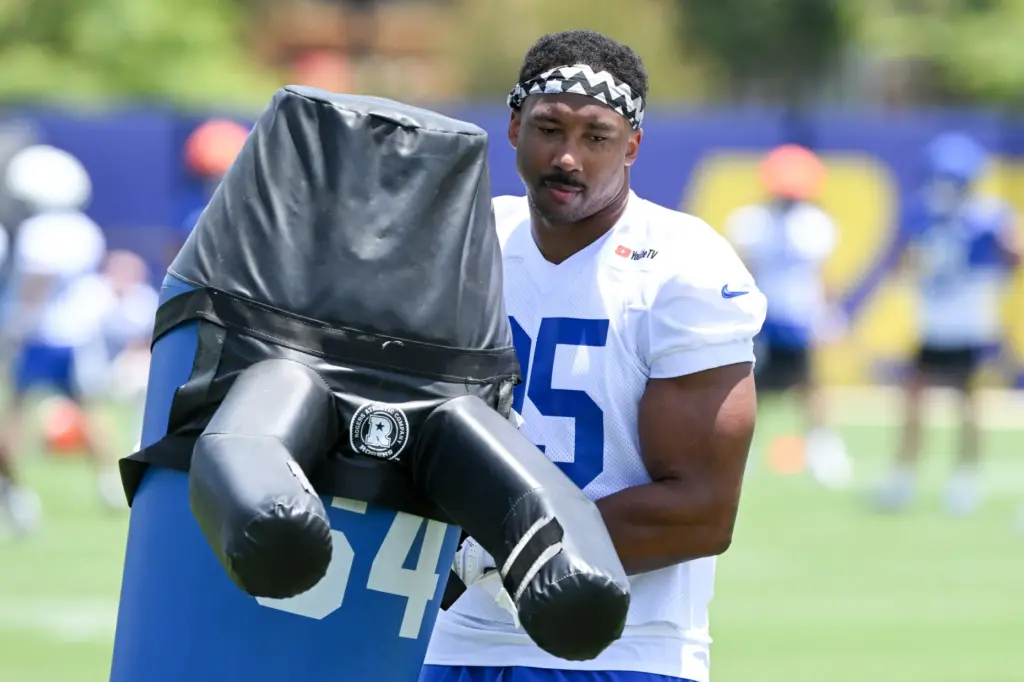 Newly acquired Rams defensive lineman Myles Garrett is seen during...