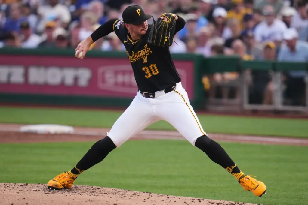 Pittsburgh Pirates starting pitcher Paul Skenes throws to the plate...
