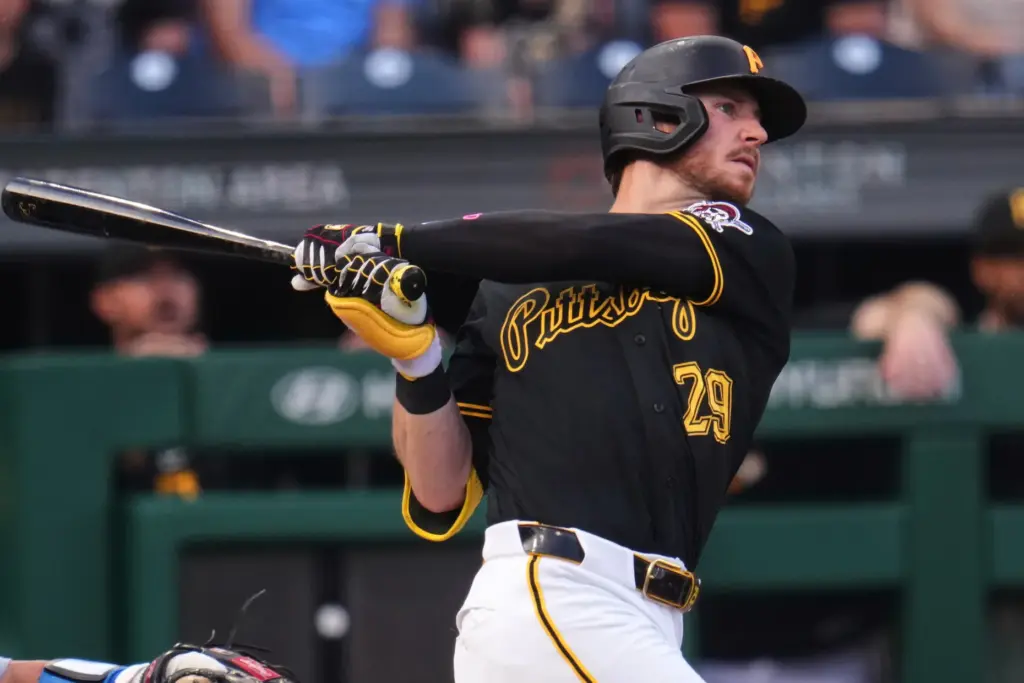 The Pittsburgh Pirates’ Ryan O’Hearn follows through on a solo...