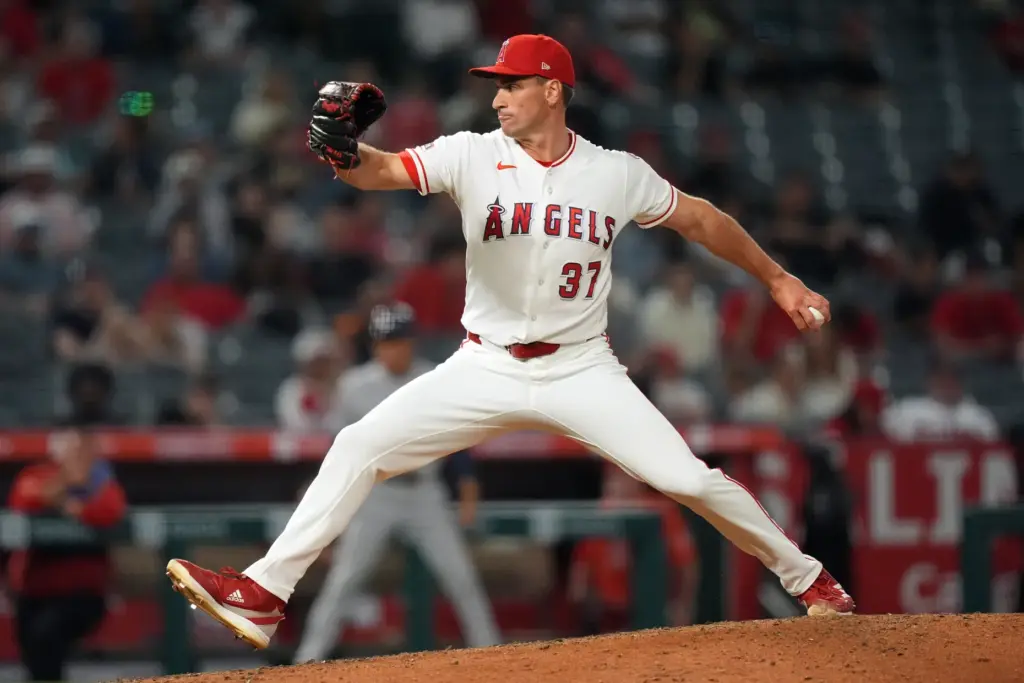 Angels relief pitcher Brent Suter throws to the plate during...