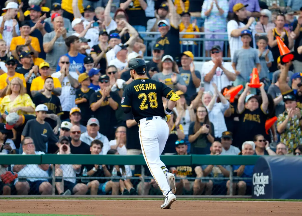 The Pittsburgh Pirates’ Ryan O’Hearn runs the bases after hitting...