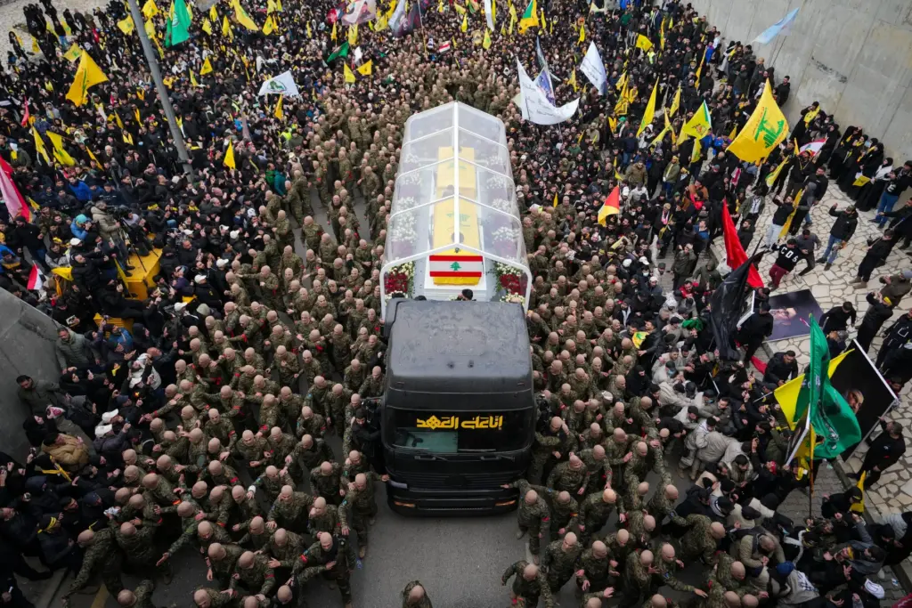 A trailer carrying the coffins of Hezbollah's former leader Hassan Nasrallah and his cousin.