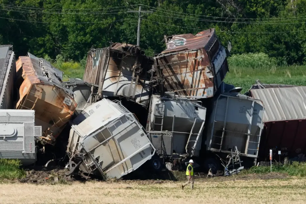 A worker walks past damage after a train derailed on...