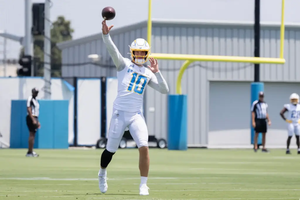 Chargers quarterback Justin Herbert throws a short pass during a...