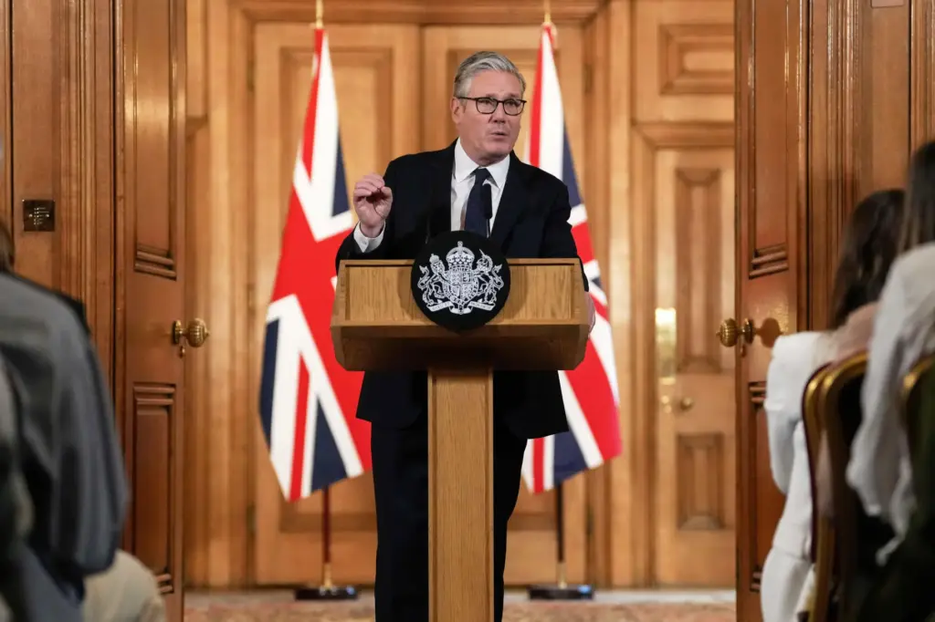 Britain's Prime Minister Keir Starmer attends a news conference.