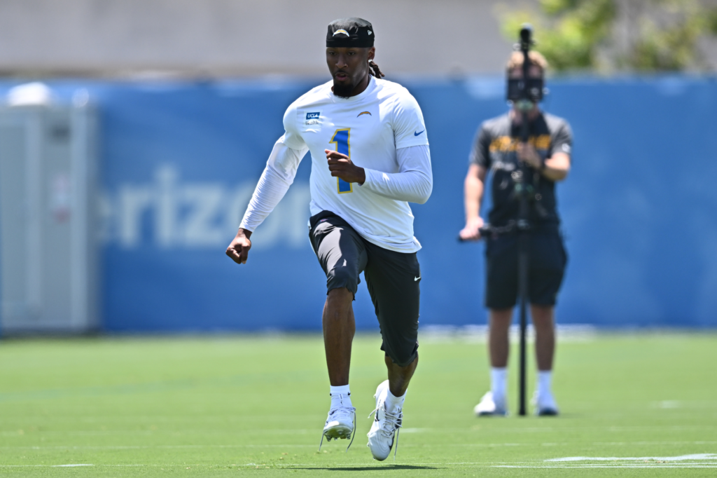 Chargers wide receiver Quentin Johnston runs a drill during the...