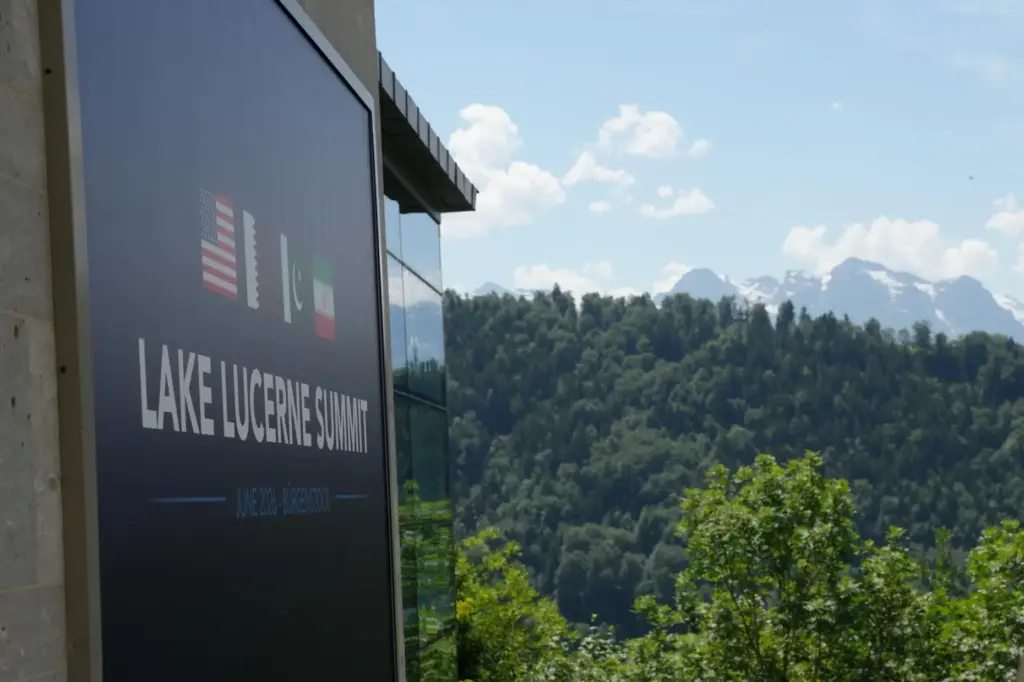 A sign for the Lake Lucerne Summit at the Bürgenstock...