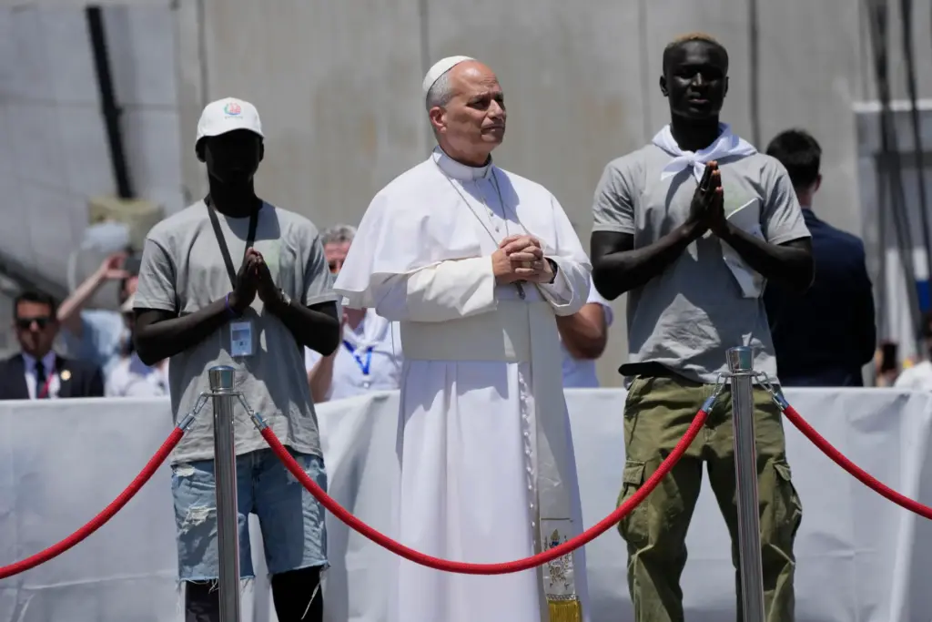 Pope Leo XIV attends a meeting with organisations working with...