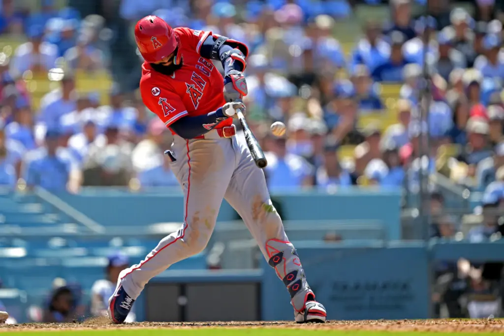 Angels’ Jo Adell hits a two-run home run during the...