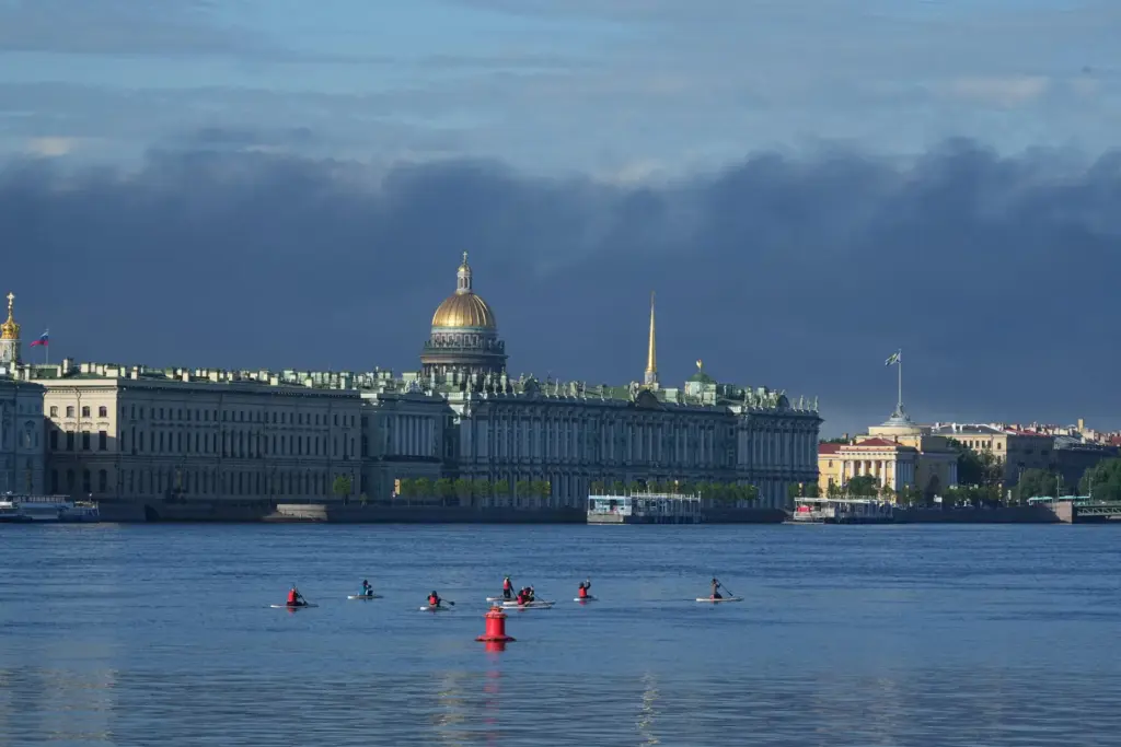 Plumes of black smoke are seen over St. Petersburg, Russia.