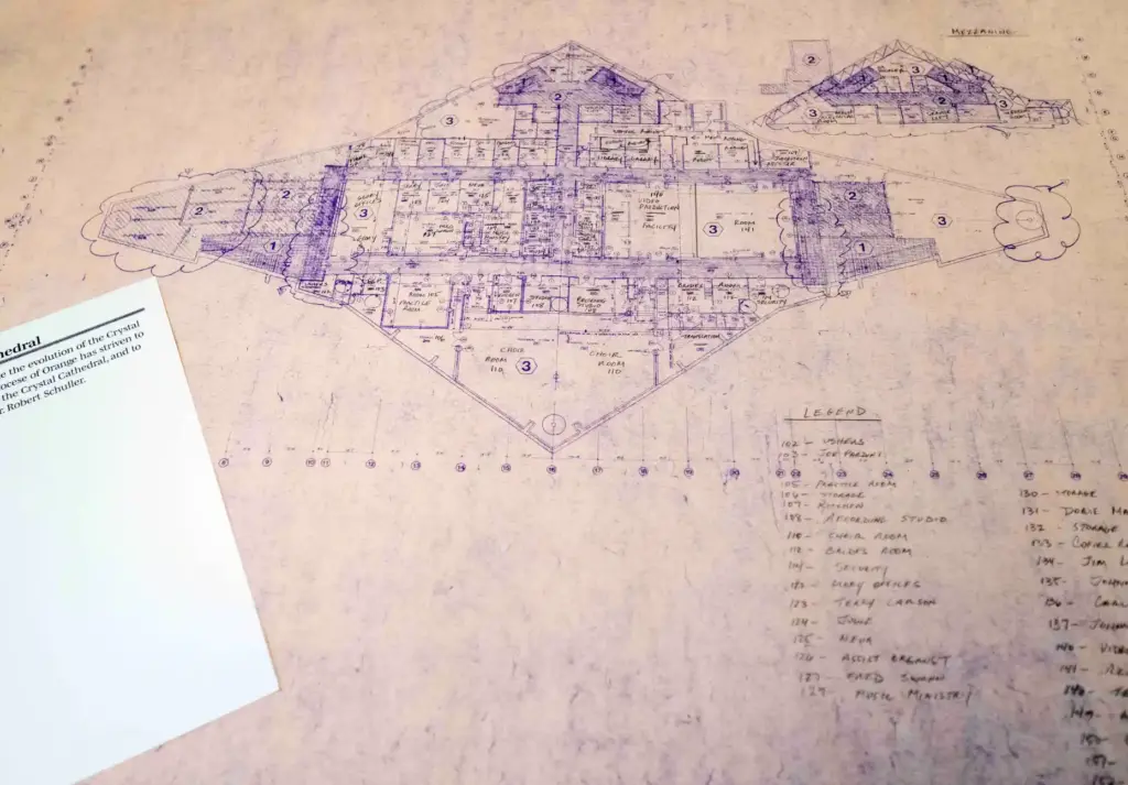 A blueprint of Crystal Cathedral sits on display in a...
