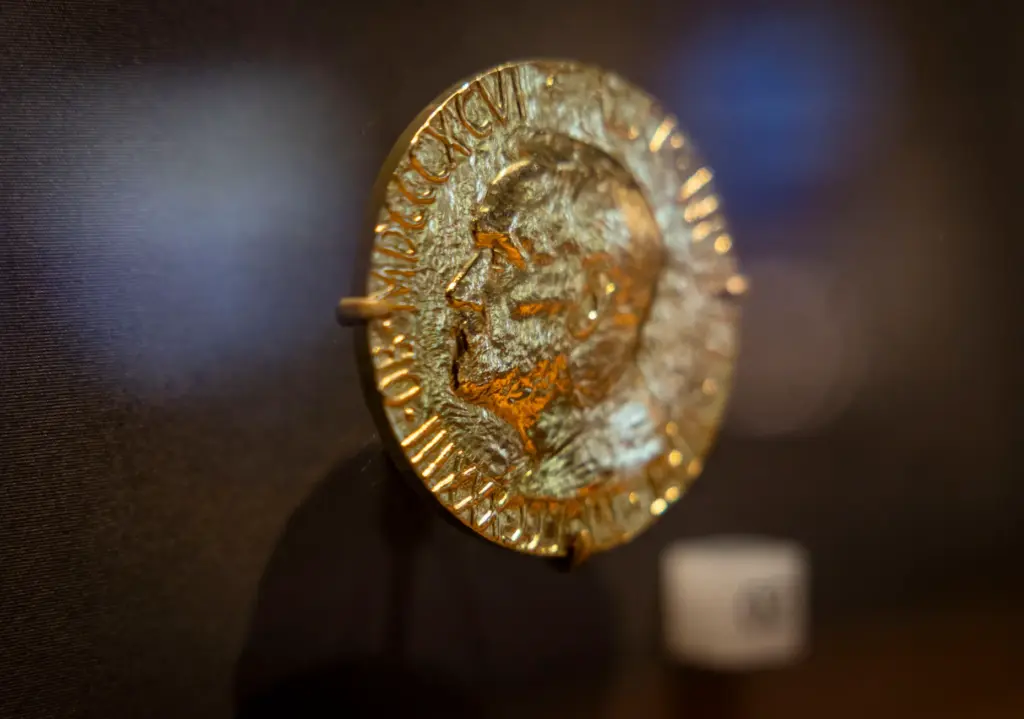President Barack Obamaâs Nobel Peace Prize is displayed at the...