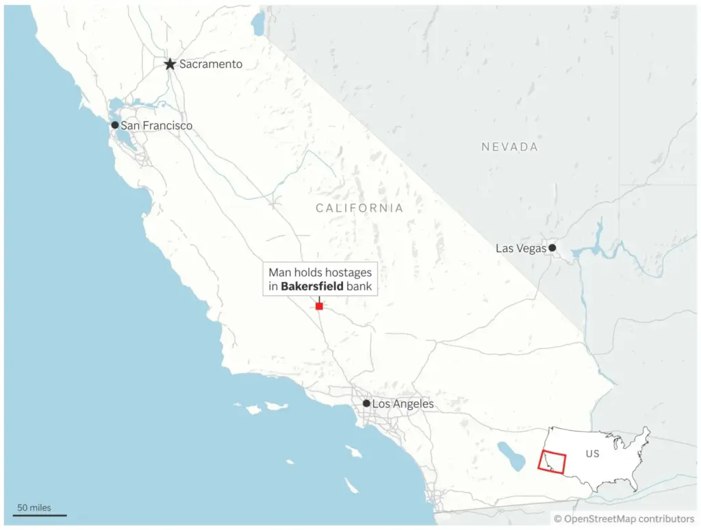 Map showing the location of Bakersfield in California. (AP Digital...