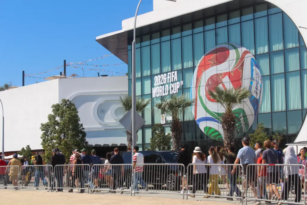 Fans walking to the Los Angeles Stadium on Friday, June...
