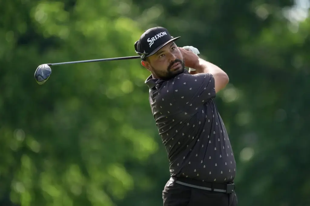J.J. Spaun hits from the 18th tee during the second...