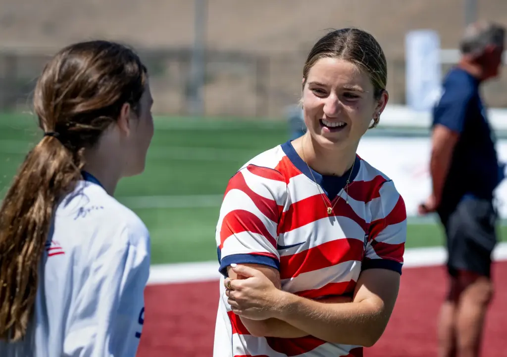 U.S. Womenâs National Team player Ally Sentnor talks with Grey,...